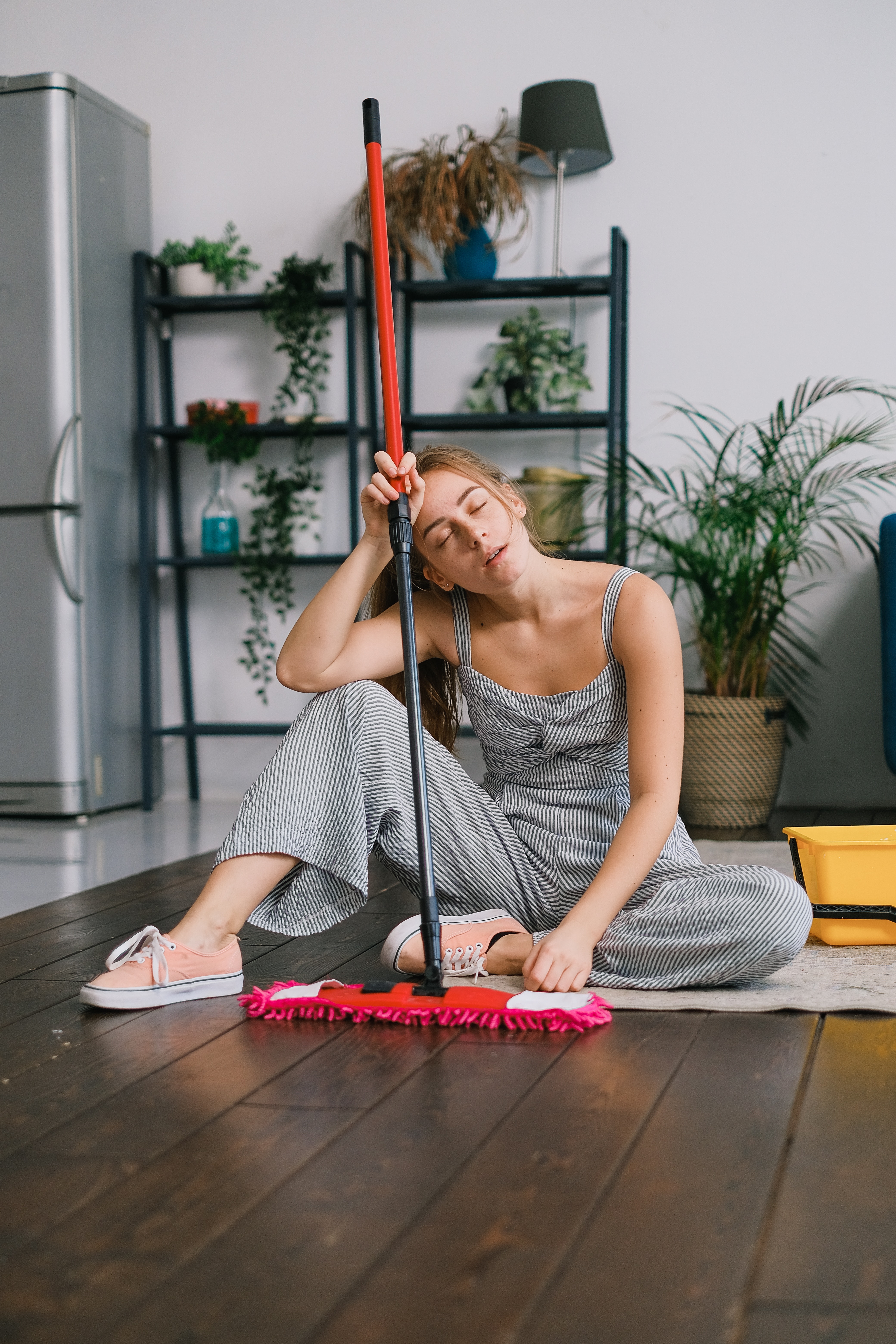 Woman Exhausted Mop Floor